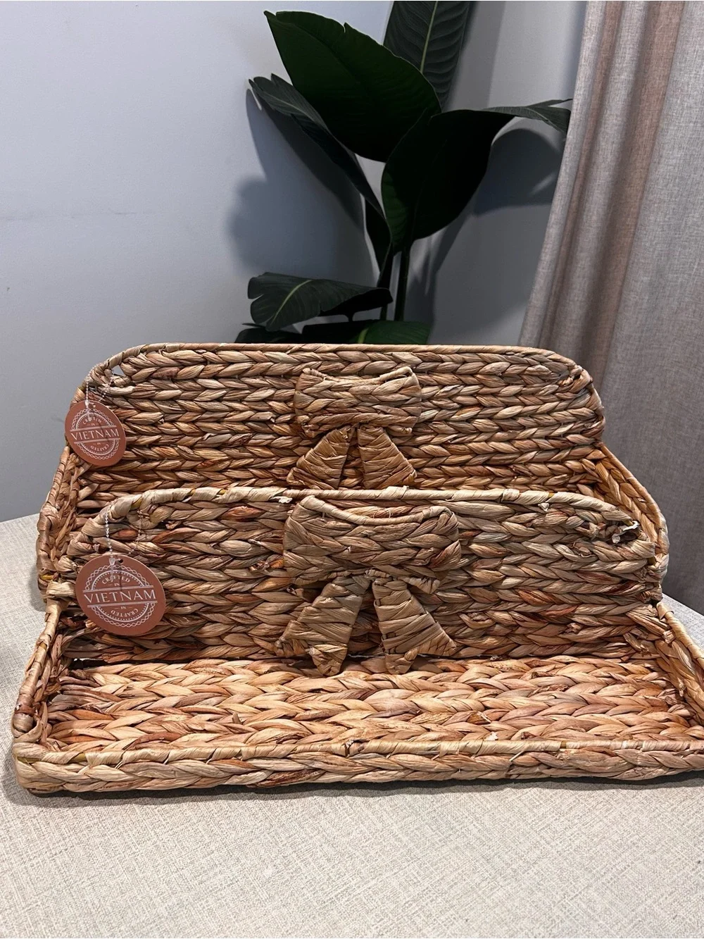 Set of 2 Woven Water Hyacinth Floating Shelves with Bow Accent Boho Wall Decor